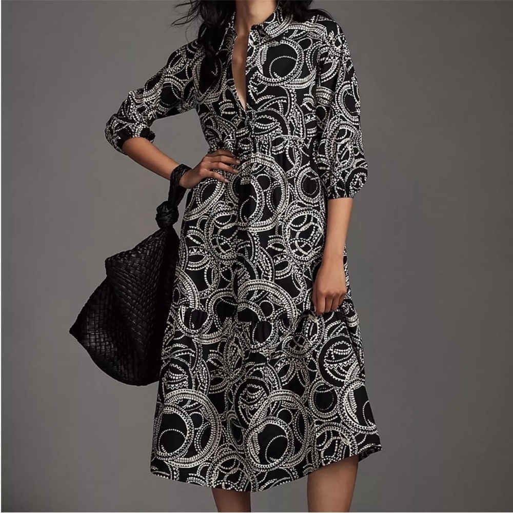 Anthropologie Maeve The Bettina Tiered Midi Dress Shirtdress Black Size S